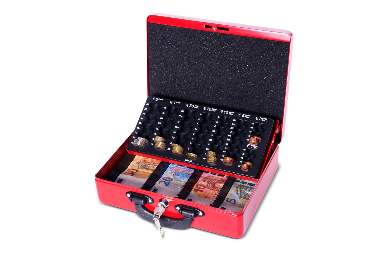 Geldkassette mit Euro-Zähl- -Einsatz, 30 x 24,5 x 9,3 cm, rot