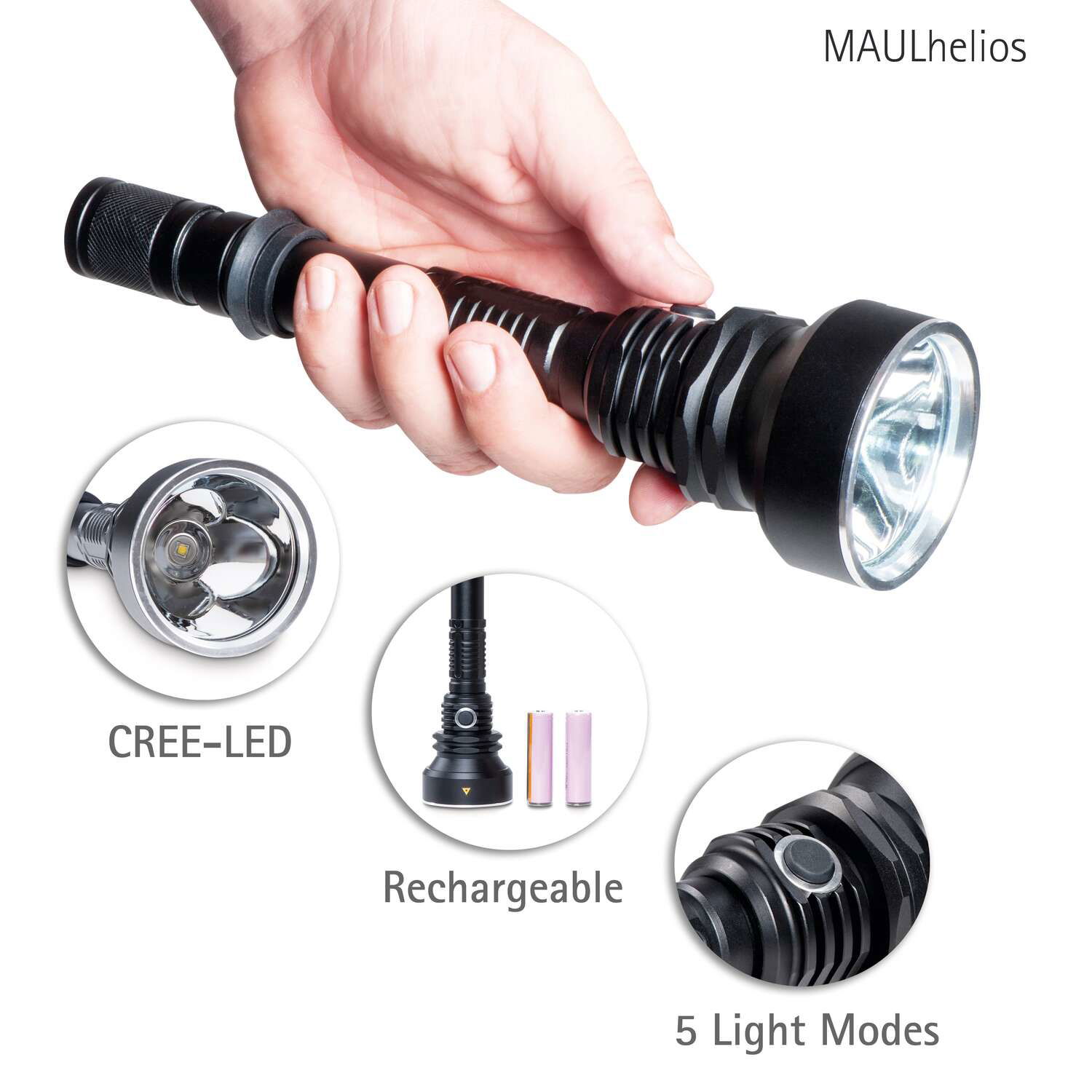 Lampe de poche LED MAULhelios, chargeable,23cm,10W,max.300 m