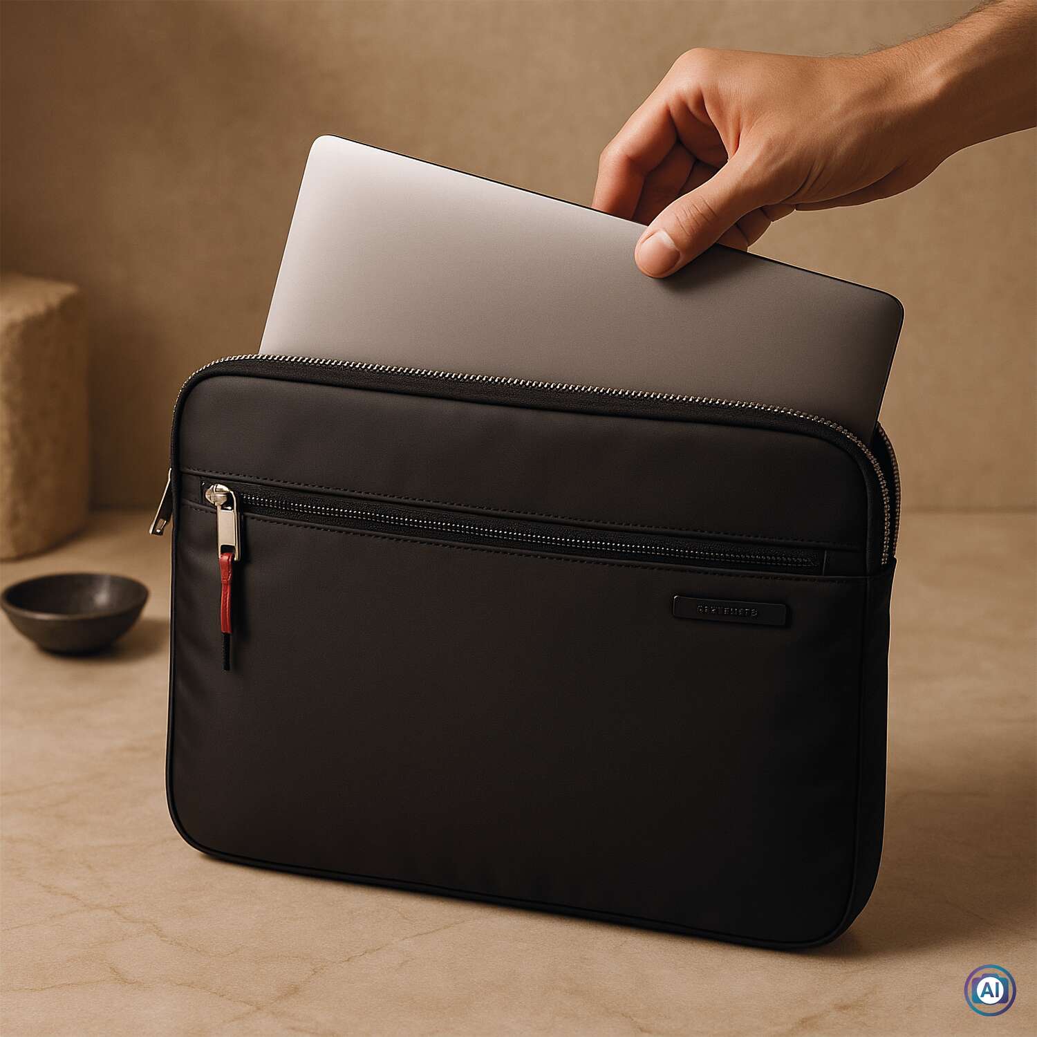 Schwarze Laptophülle aus Nylon mit Reißverschluss und Fronttasche, schützt Geräte sicher und stilvoll.